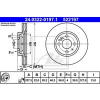 Remschijf PowerDisc ATE, Remschijftype: Geventileerd: , u.a. für Fiat, Lancia, Citroën, Alfa Romeo, Peugeot