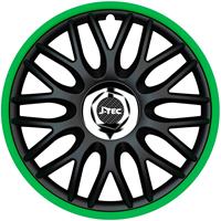 J-Tec 4-Delige Wieldoppenset Orden R 15-inch zwart/groen + chroom ring