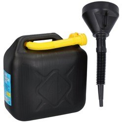 Jerrycan zwart voor olie en brandstof van 10 liter met een handige grote trechter van 39 cm