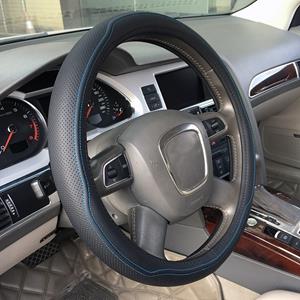 Huismerk Universal Car Genuine Leather Double Needlework Steering Wheel Cover, Diameter: 38cm (Blauw)