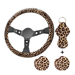 Huismerk 4 in 1 Universal Car Leopard Steering Wheel Cover + SleutelhangerHoes