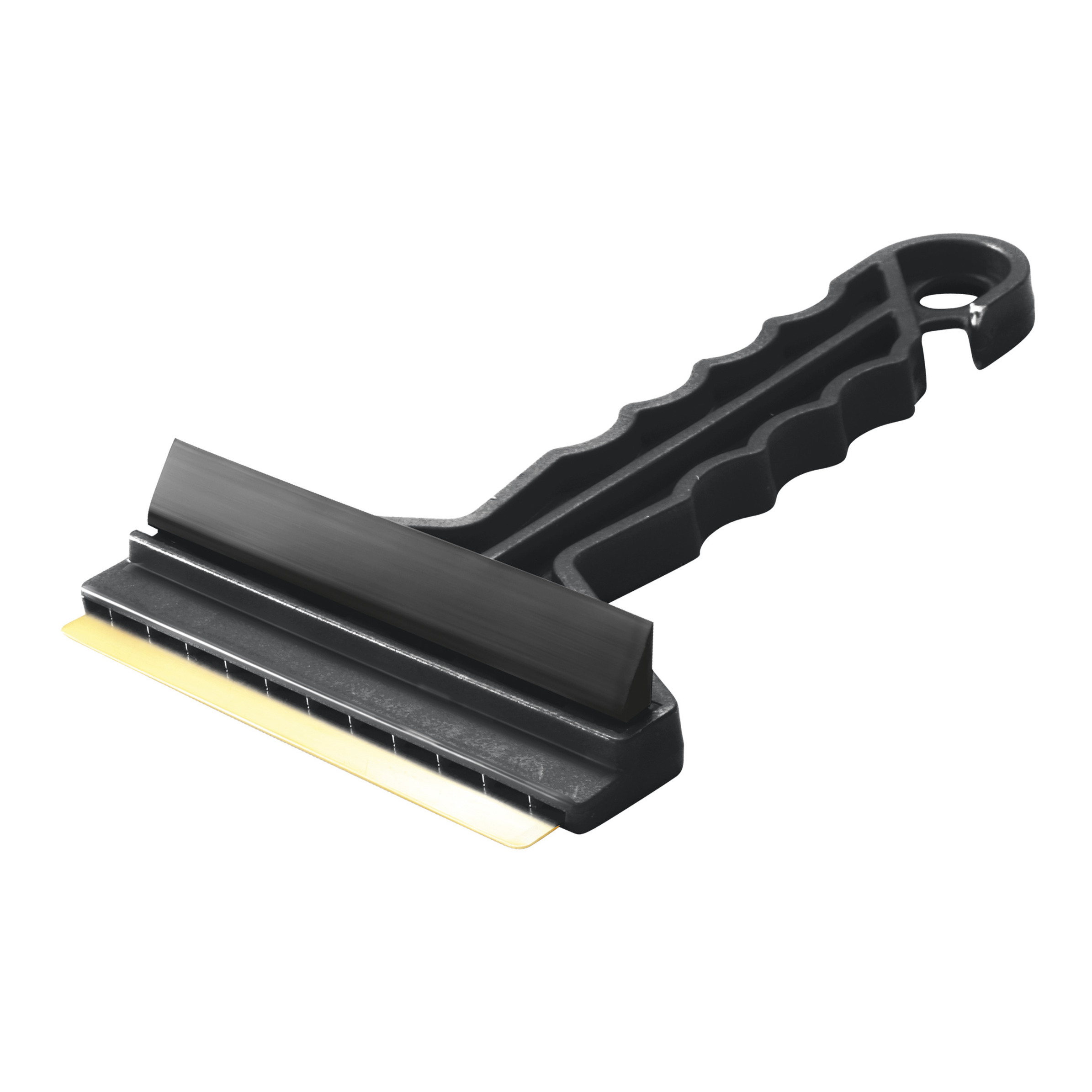 Prosperplast IJskrabber/raamkrabber zwart kunststof met koper blad en rubberen trekker 9 x 16 cm -