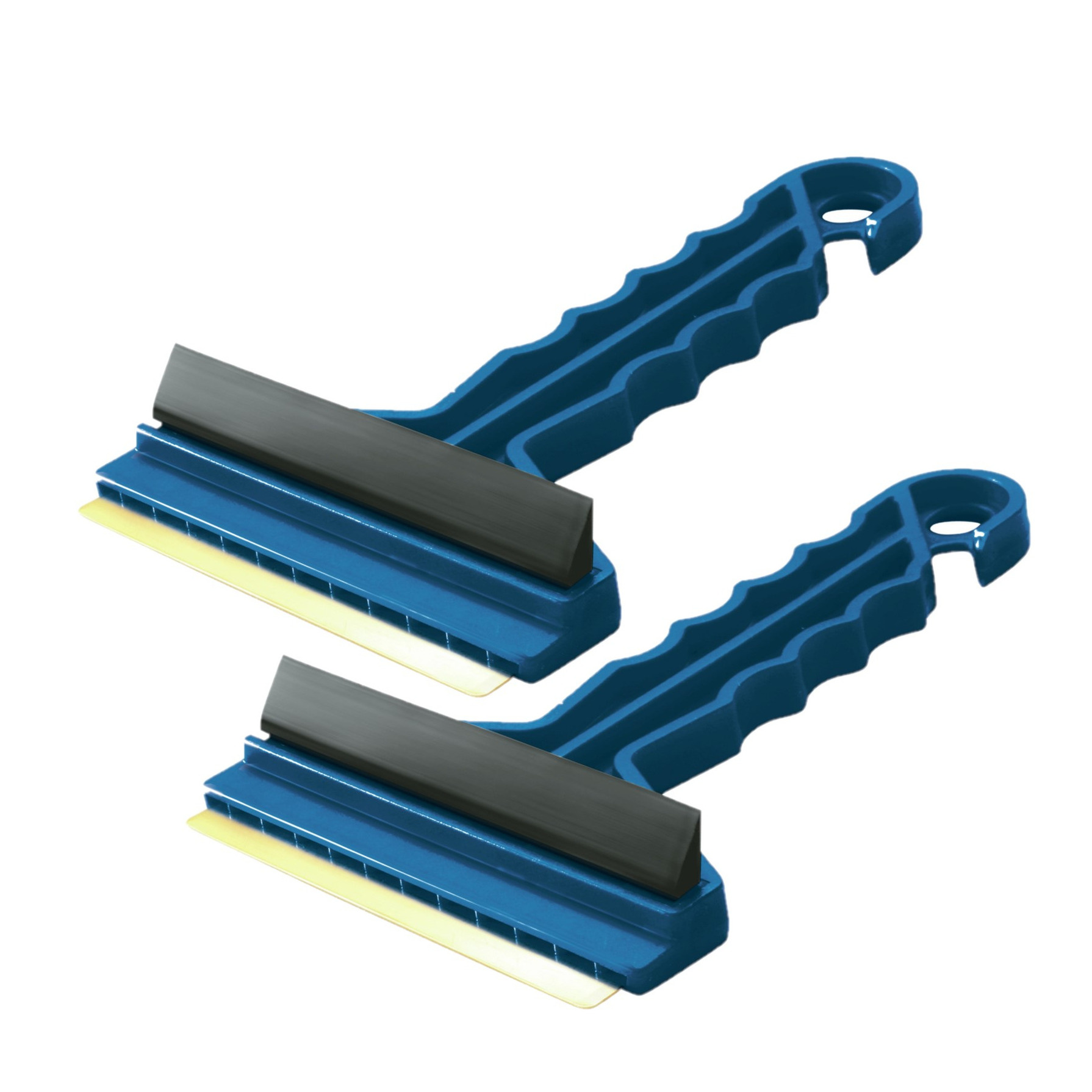 Prosperplast 2x stuks ijskrabber/raamkrabber blauw kunststof met koper blad en rubberen trekker 9 x 16 cm -