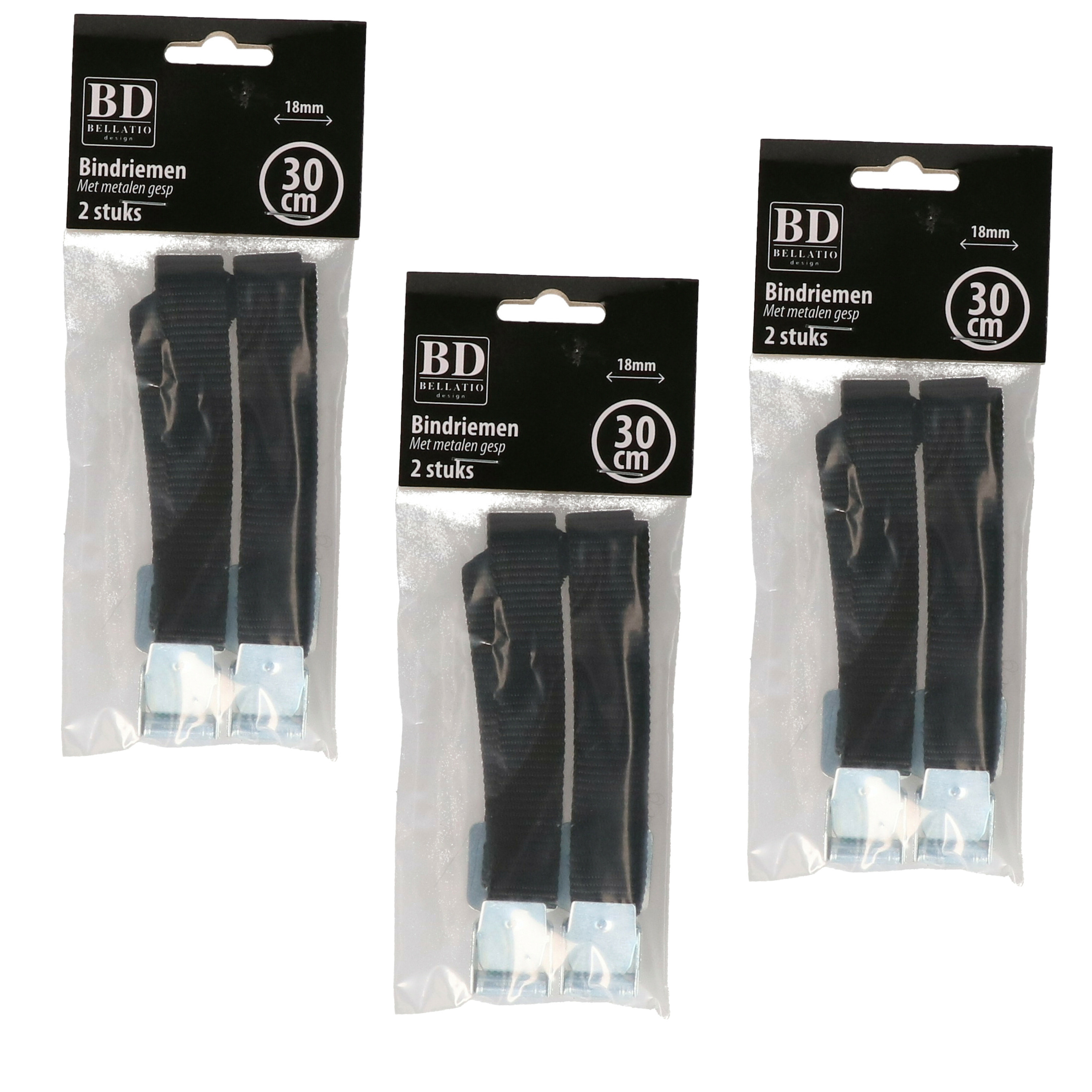 Bellatio Design spanbanden/sjorbanden/bindriemen - 6x stuks - zwart - 30 cm -