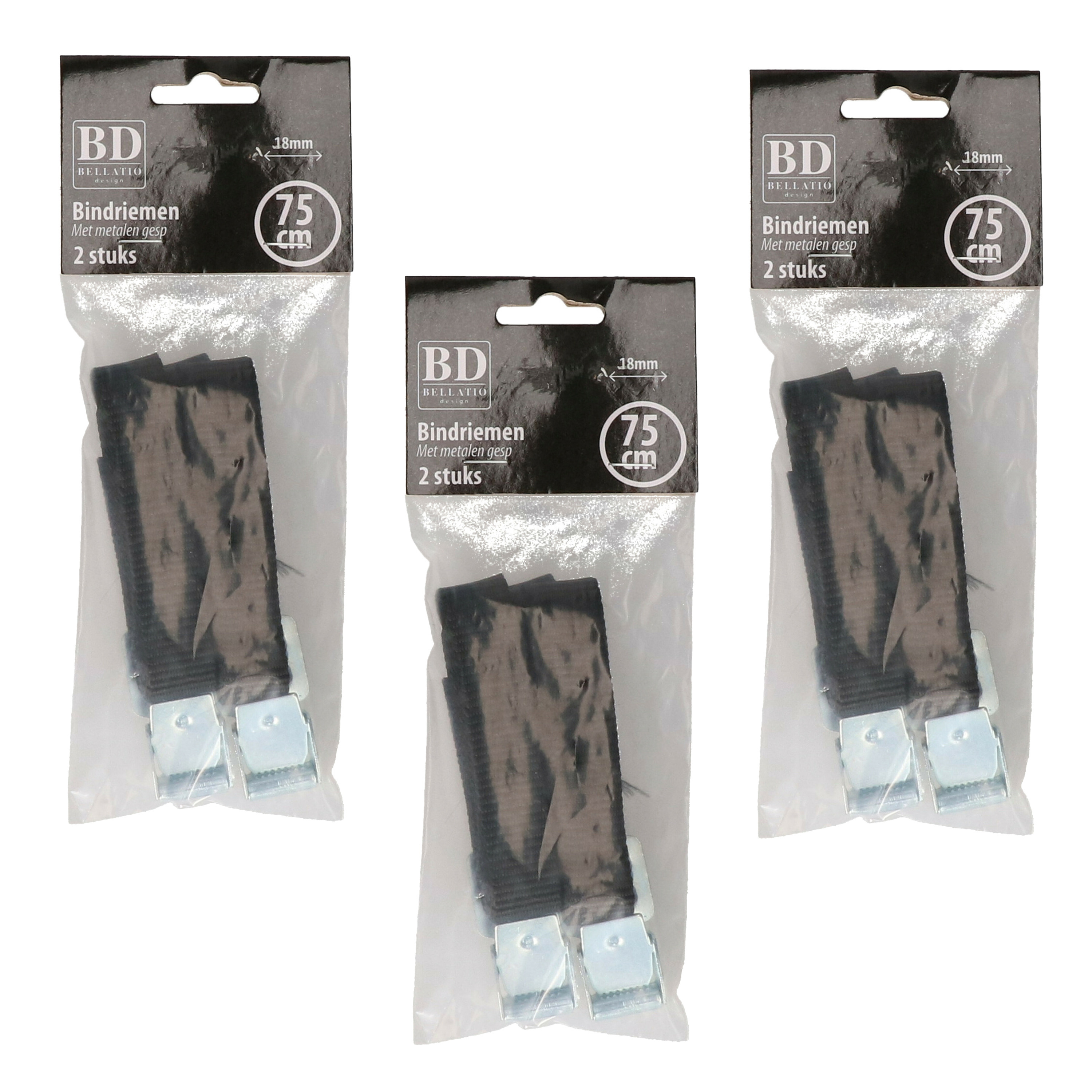 Bellatio Design spanbanden/sjorbanden/bindriemen - 6x stuks - zwart - 75 cm -