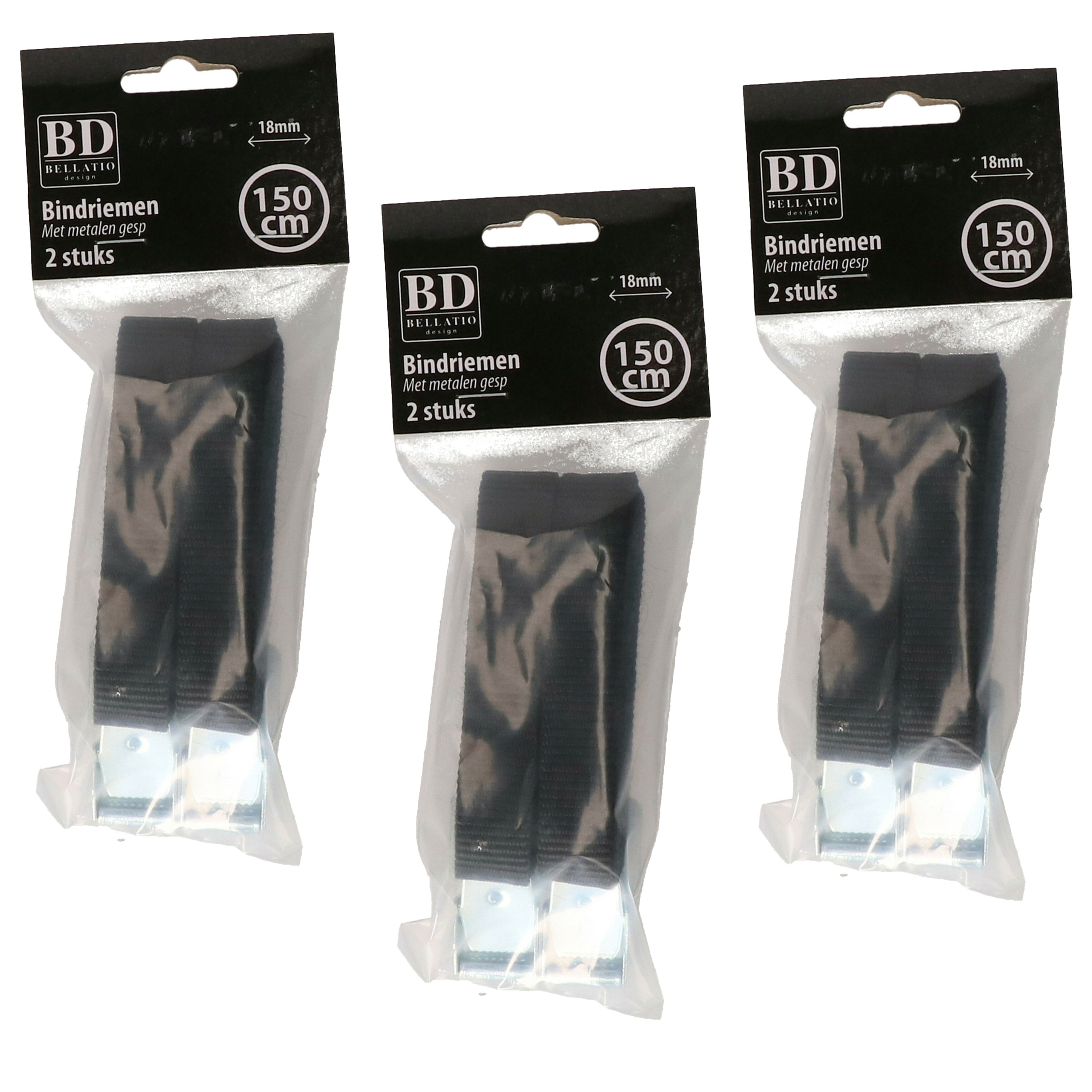 Bellatio Design spanbanden/sjorbanden/bindriemen - 6x stuks - zwart - 150 cm -