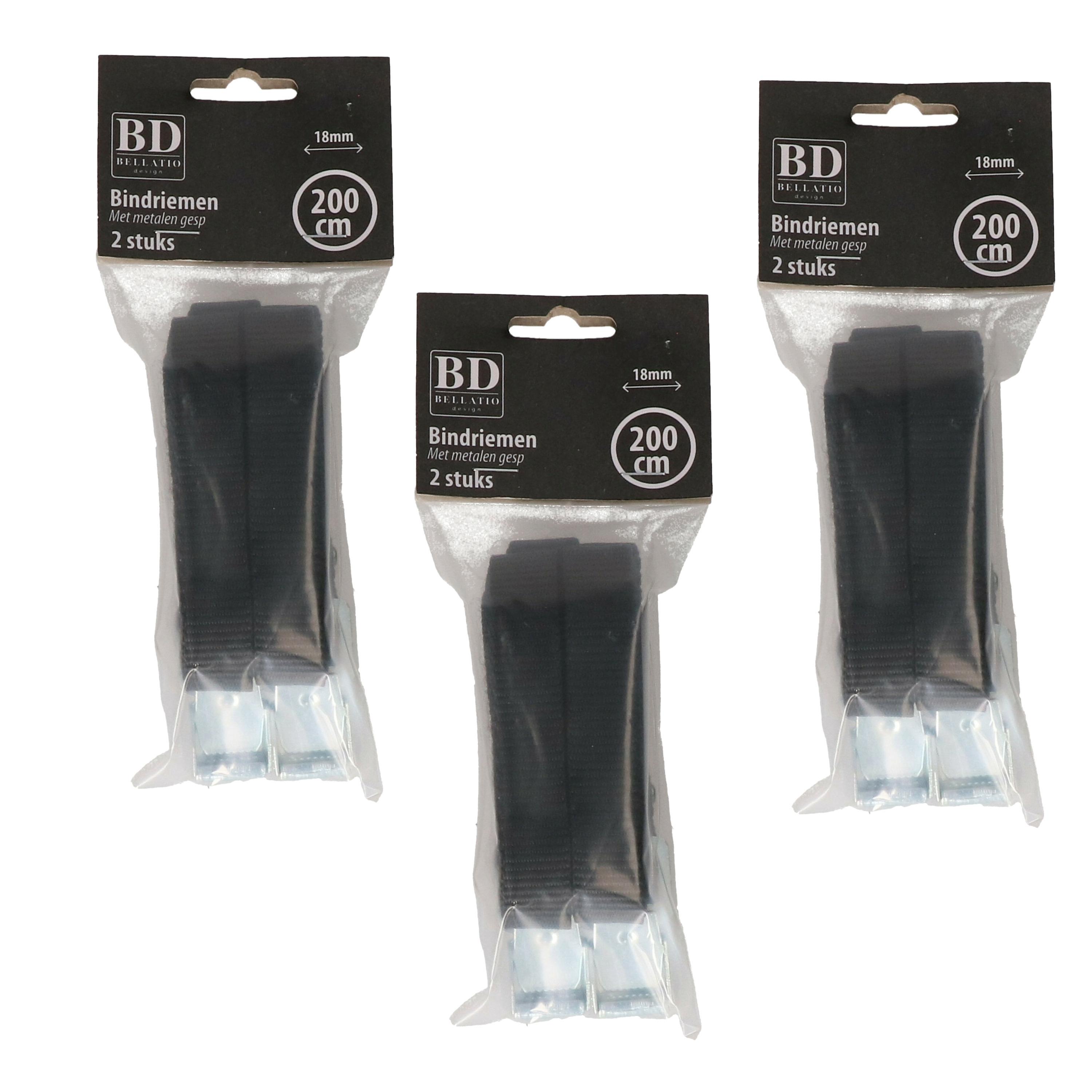 Bellatio Design spanbanden/sjorbanden/bindriemen - 6x stuks - zwart - 200 cm -