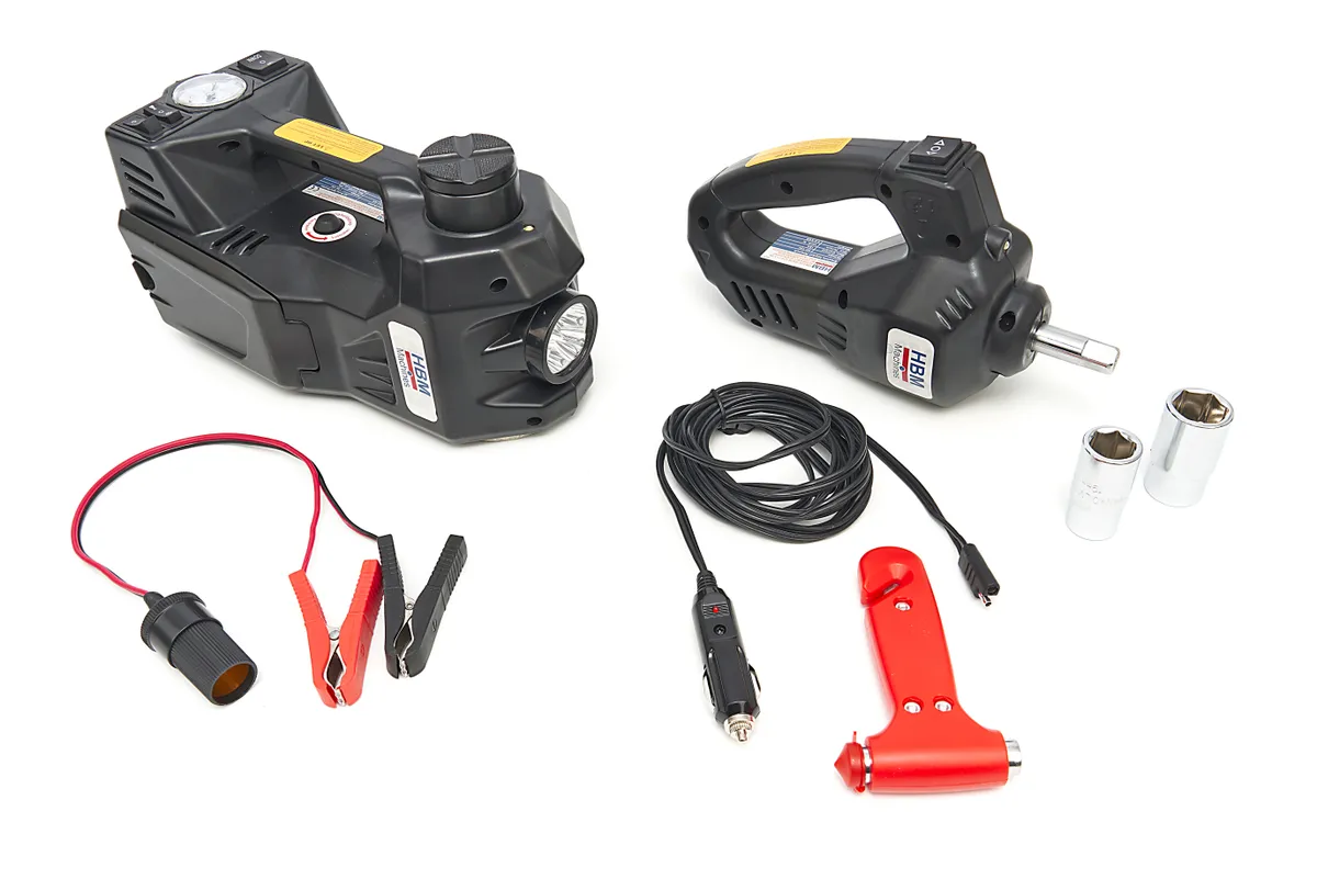 HBM Electrische 12 Volt 1,5 Ton Autokrik Met LED Verlichting Inclusief Slagmoersleutel 12 Volt in Hand