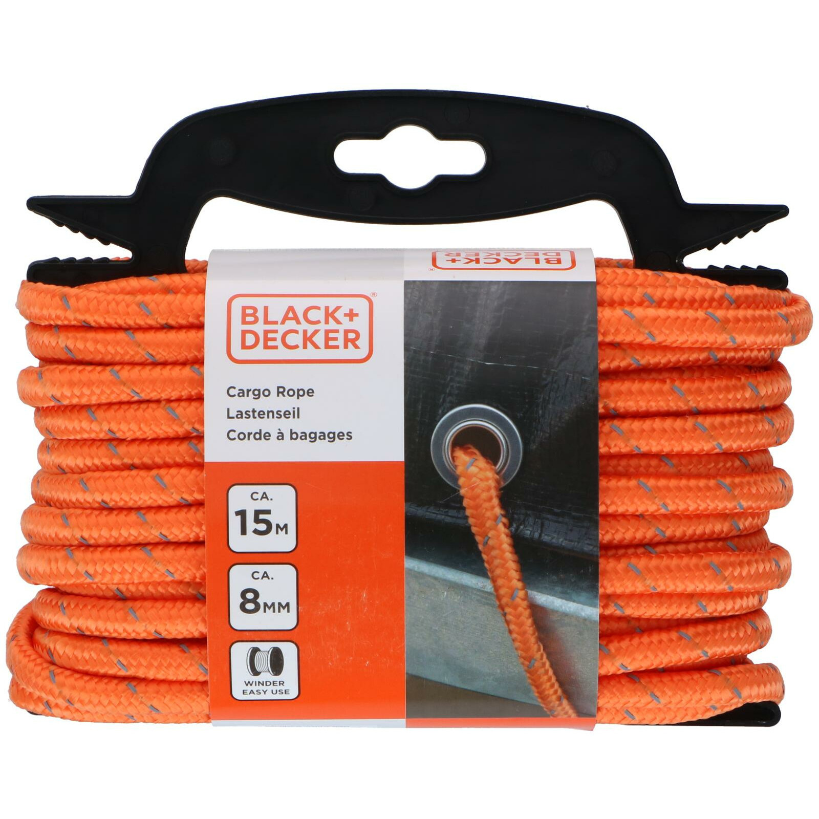 Black & Decker Spanband elastisch koord - met oproller - 15 meter - 8mm dik - voor dekzeilen/aanhanger/vastsjorren -