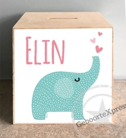 Geboortexpress.nl houten spaarpot met naam (en datum) olifant meisje