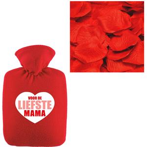 Bellatio Liefste mama warmwaterkruik rood 2 liter fleece hoes en rozenblaadjes -