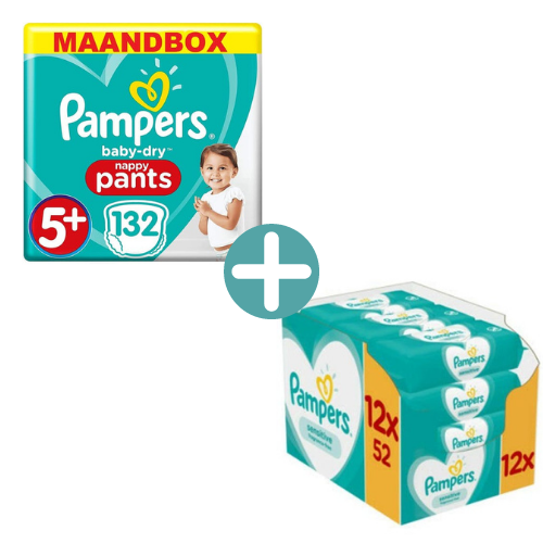 Pampers Baby Dry Pants Maat 5+ - 132 Luierbroekjes Maandbox +  Sensitive Billendoekjes 624