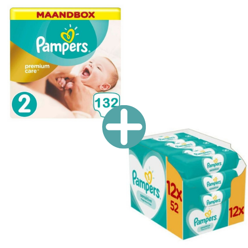 Pampers Premium Care Maat 2 - 132 Luiers Maandbox +  Sensitive Billendoekjes 624