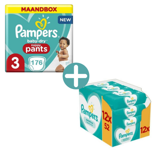 Pampers Baby Dry Pants Maat 3 - 176 Luierbroekjes Maandbox +  Sensitive Billendoekjes 624