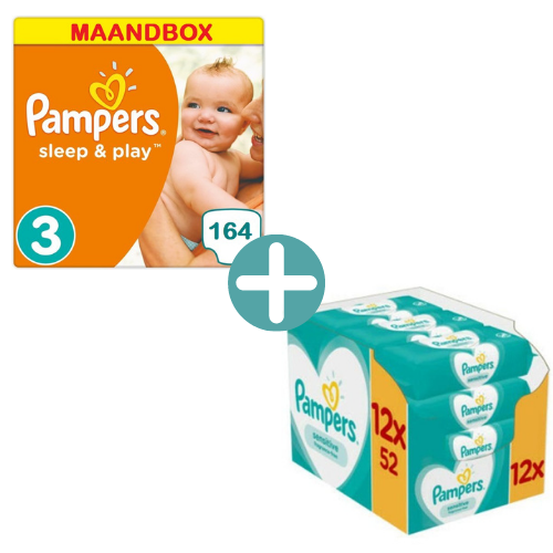 Pampers Sleep & Play Luiers Maat 3 - 164 Luiers Maandbox +  Sensitive Billendoekjes 624
