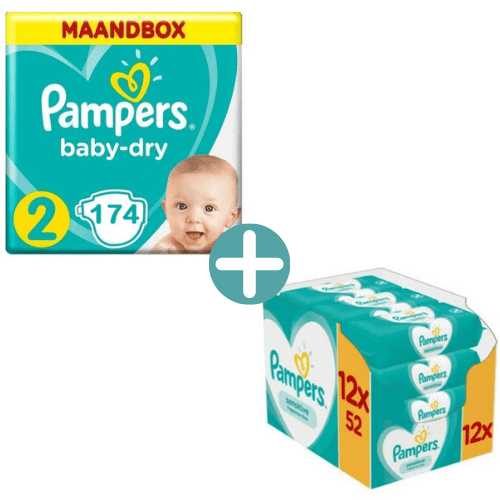 Pampers Baby Dry Maat 2 - 174 Luiers Maandbox +   Billendoekjes Sensitive 624