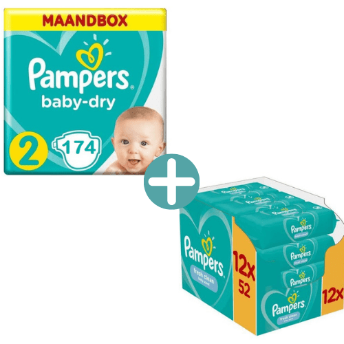 Pampers Baby Dry Maat 2 - 174 Luiers Maandbox +  Billendoekjes Fresh Clean 624