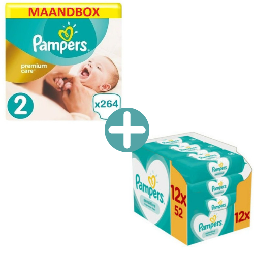 Pampers Premium Care Maat 2 - 264 Luiers Maandbox XL +  Sensitive Billendoekjes 624