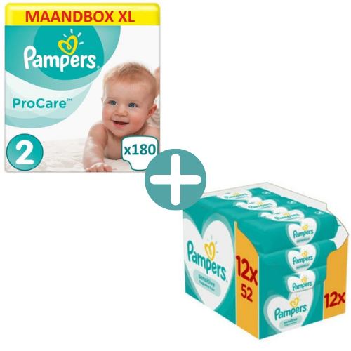 Pampers Procare Premium Protection Maat 2 - 180 Luiers Maandbox XL+  Sensitive Billendoekjes 624