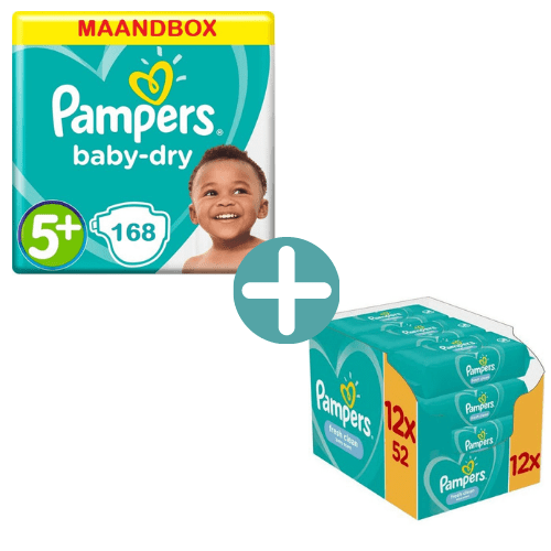 Pampers Luiers Baby Dry Maat 5+ - 168 Luiers Maandbox +  Fresh Clean Billendoekjes 624