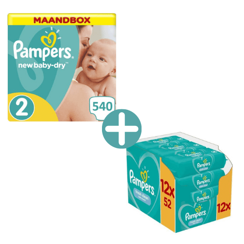 Pampers New Baby-Dry Maat 2 - 540 Luiers Maandbox +  Billendoekjes Fresh Clean 624