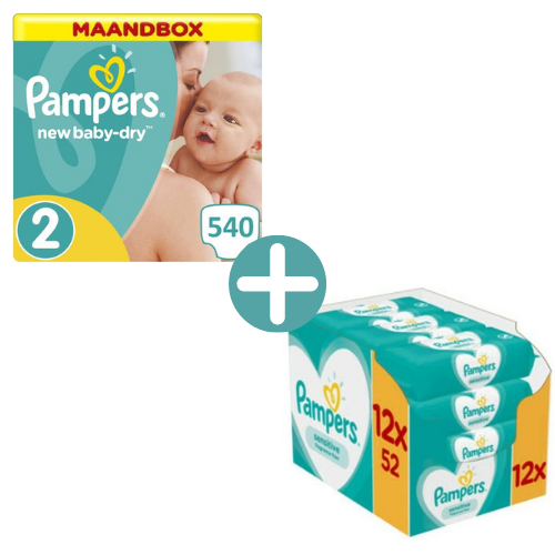Pampers New Baby-Dry Maat 2 - 540 Luiers Maandbox +  Sensitive Billendoekjes 624