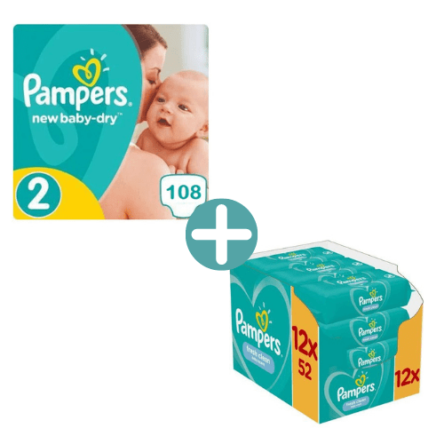 Pampers New Baby-Dry Maat 2 - 108 Luiers Voordeelverpakking +  Billendoekjes Fresh Clean 624