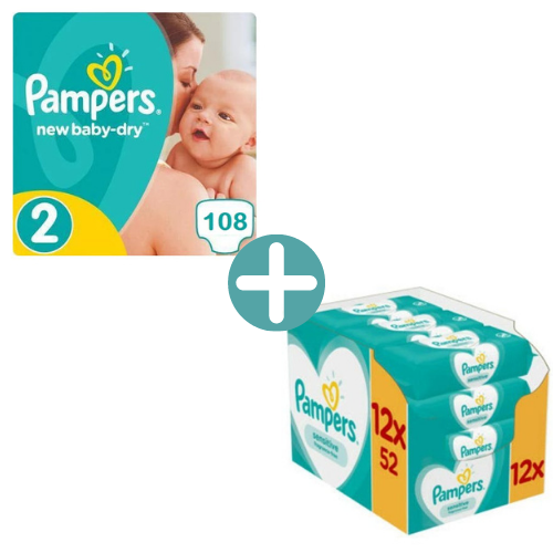 Pampers New Baby-Dry Maat 2 - 108 Luiers Voordeelverpakking +  Sensitive Billendoekjes 624