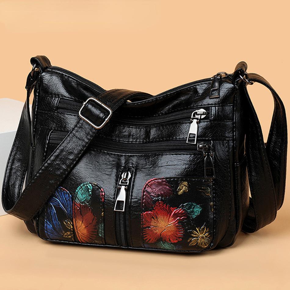 RUWB BAGS Mode Vrouwelijke Crossbody Tas Vrouwen Borduren Stijl PU Messenger Bags Luxe Designer 2024 Winter Dames Casual Schoudertas zwart