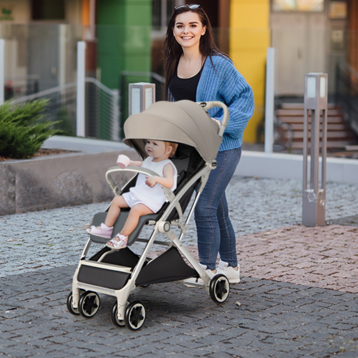 Costway Opvouwbare Kinderwagen Wandelwagen met Verstelbare Rugleuning en Kap Babywagen met Bekerhouder 5-Punts Gordel (Grijs)