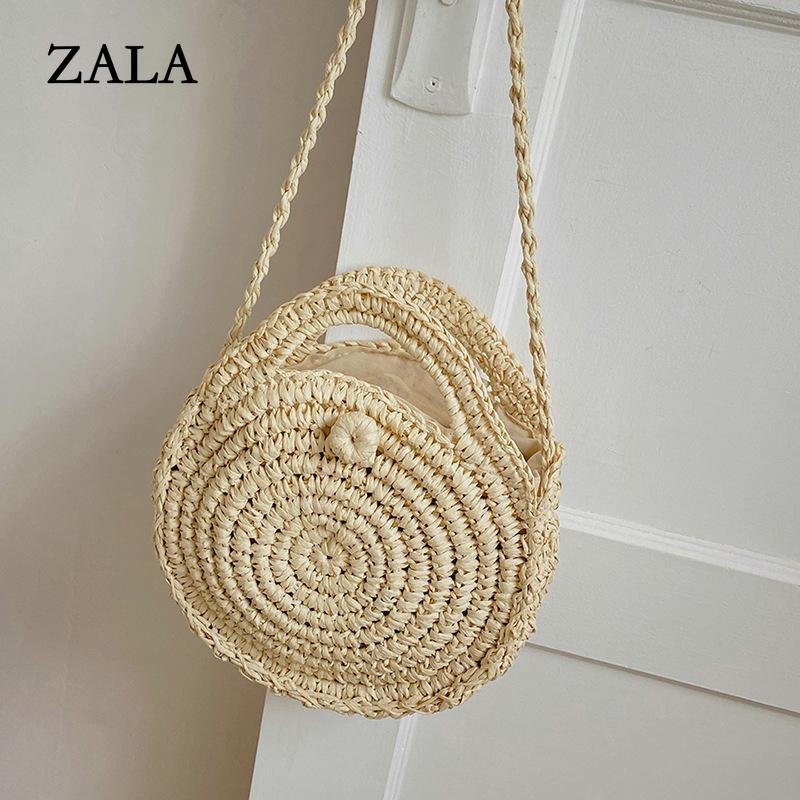 ZALA Bag Casual Stro Schoudertassen Kleine Ronde Crossbody Handtas Strand Reis Handtassen Tote 25*5*25cm lichtbruine kleur