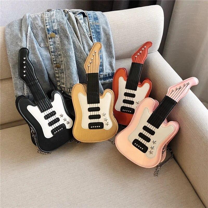 Enjoytime H Schattige gitaarvormige crossbodytassen PU-schoudertas Creatieve trendketting Messenger Bag Kawaii Cartoon Handtassen Opbergtas Damestas rood