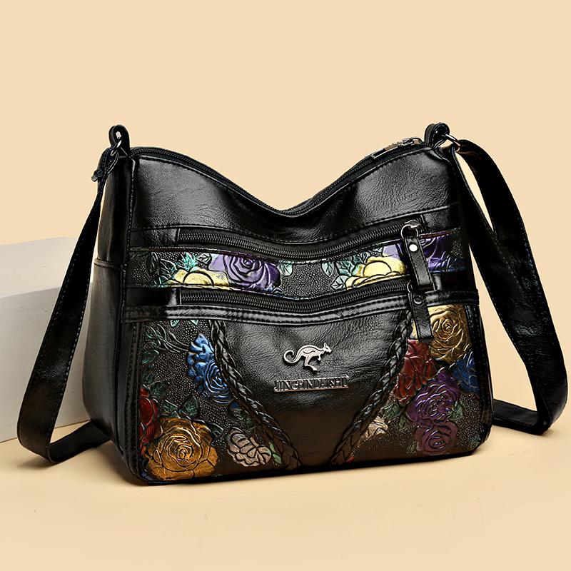 Kuluosidi Moedertas Dames Zacht Leren Bedrukte Schouder Crossbody Tas voor Middelbare Leeftijd en Ouderen Multi-Pocket Tas zwart