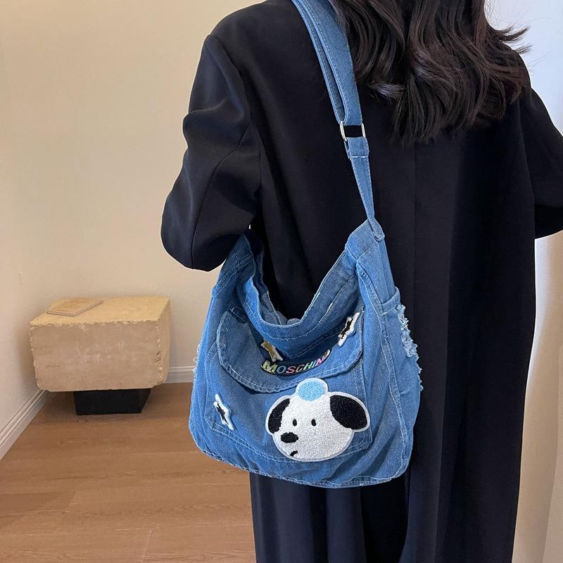 Kuluosidi Geborduurde hond Messenger Bag Denim Tote Bag Dames Schouder Crossbody Tas zwart