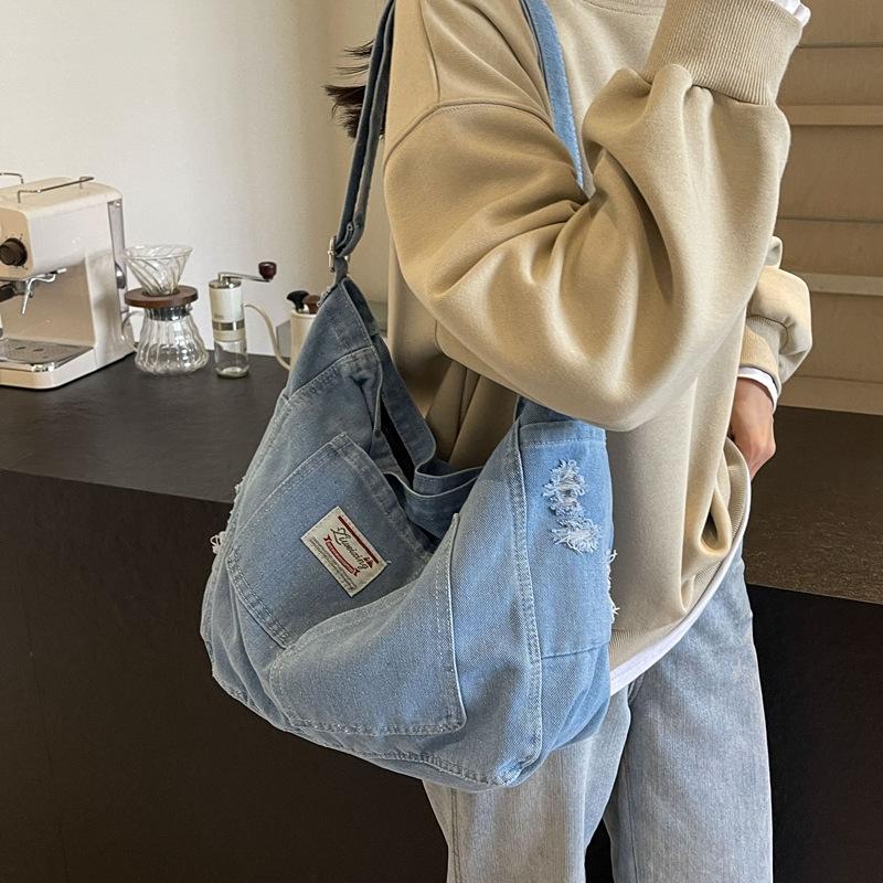 Kuluosidi Denim schoudertas dames crossbody tas denim tote bag donkerblauwe kleur