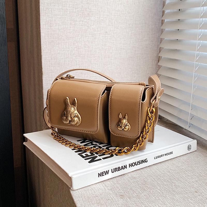 Fancy Lady High-end Texture Chain Okseltas voor Vrouwen 2024 Nieuwe Mode Konijn Dubbele Zak Motortas Enkele Schouder Crossbody Tas one size kaki