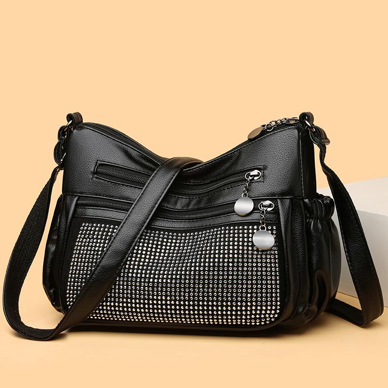 Kuluosidi Zachte leren moedertas, schoudertas voor dames, crossbodytas met meerdere lagen en diamanten mobiele telefoontas 9611-2