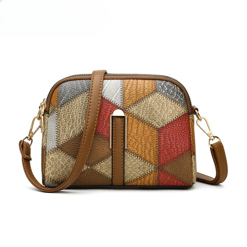 Leather bag Color Block Schoudertassen voor Vrouwen Nationale Stijl Dubbele Rits Crossbody Tas Dames PU Leren Portemonnee Mode Handtassen