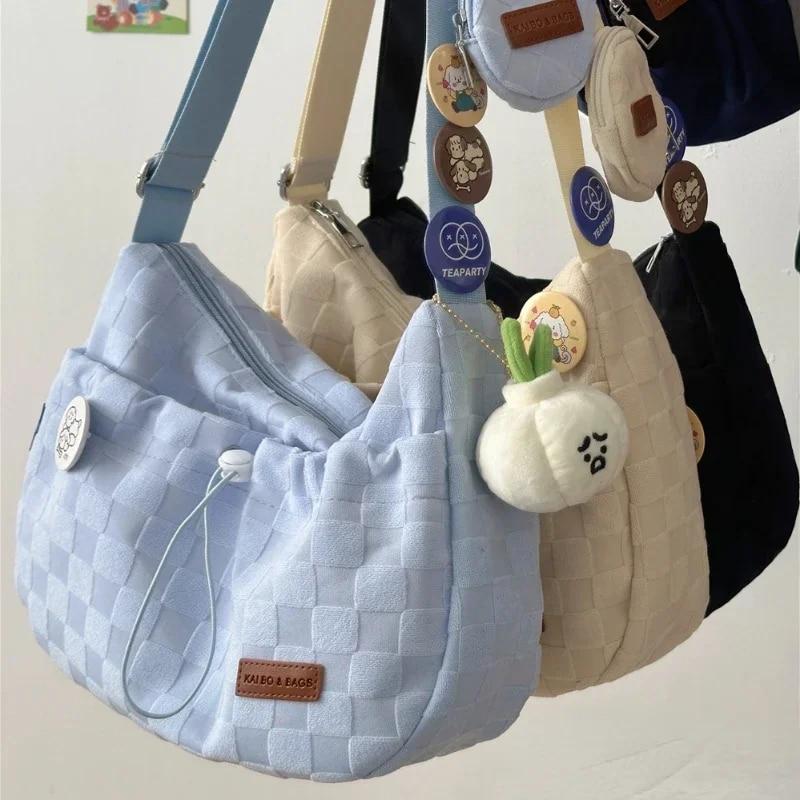 Enjoytime H Harajuku Stijl College Stijl Crossbody Tas Effen Kleur Plaid Print Grote Capaciteit Schoudertas Nieuwe Schattige Mode Handtas 35X24X10cm