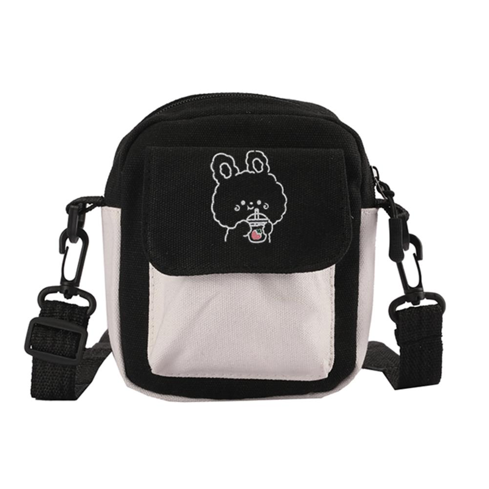 KaiTingu Mode Vrouwen Hit Kleur Canvas Messenger Bag Cartoon Print Portemonnee (Zwart)
