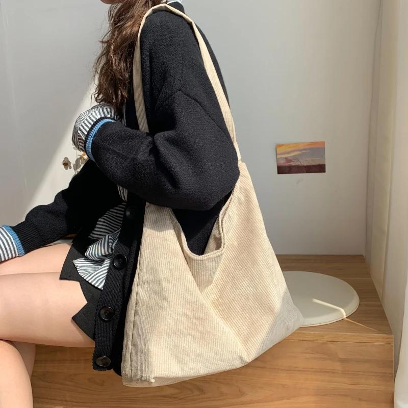 Leather bag Vrouwen Gestreepte Corduroy Tassen Eenvoudige Canvas Rits Crossbody & Schoudertas Eco Stof Portemonnee Effen Boeken Handtassen voor College Meisjes 34 x 33 x 10CM