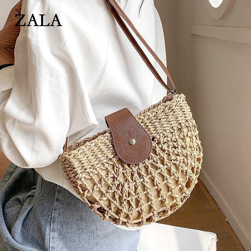 ZALA Bag Zomer Stro Tas Voor Vrouwen Mode Halve Cirkel Crossbody Tassen Rotan Handgemaakte Messenger Handtas Reis Strandtassen Tote 25*7*17cm beige