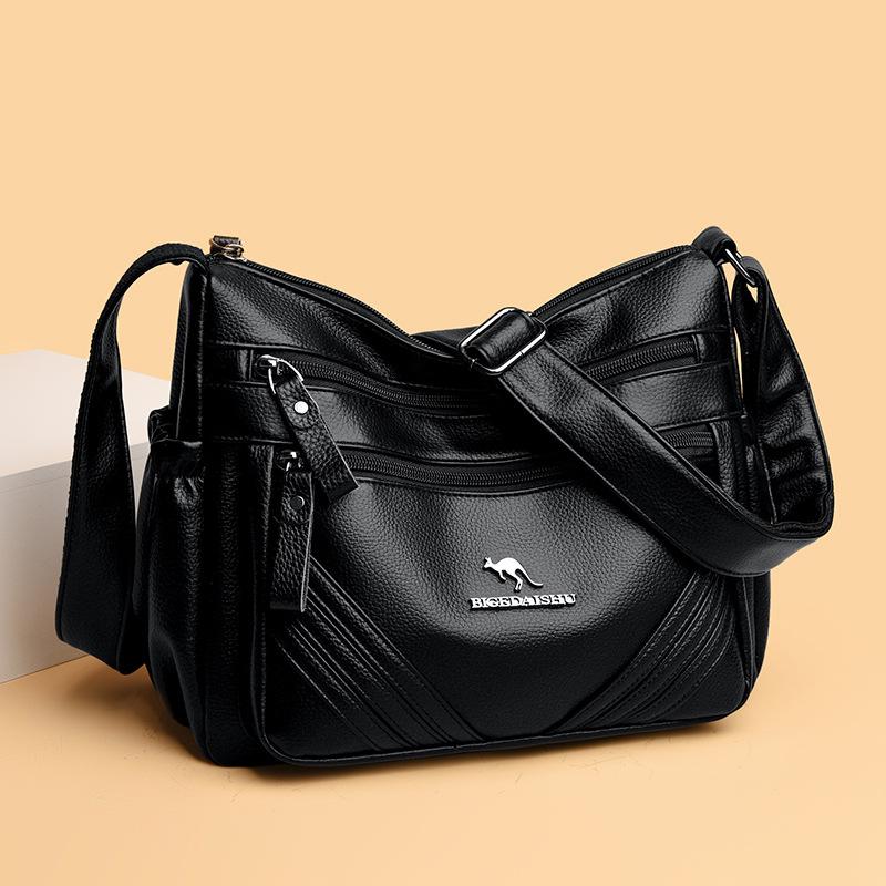Kuluosidi Vrouwen zachte leren grote capaciteit tas middelbare leeftijd moeders tas meerlaagse schouder crossbody tas zwart