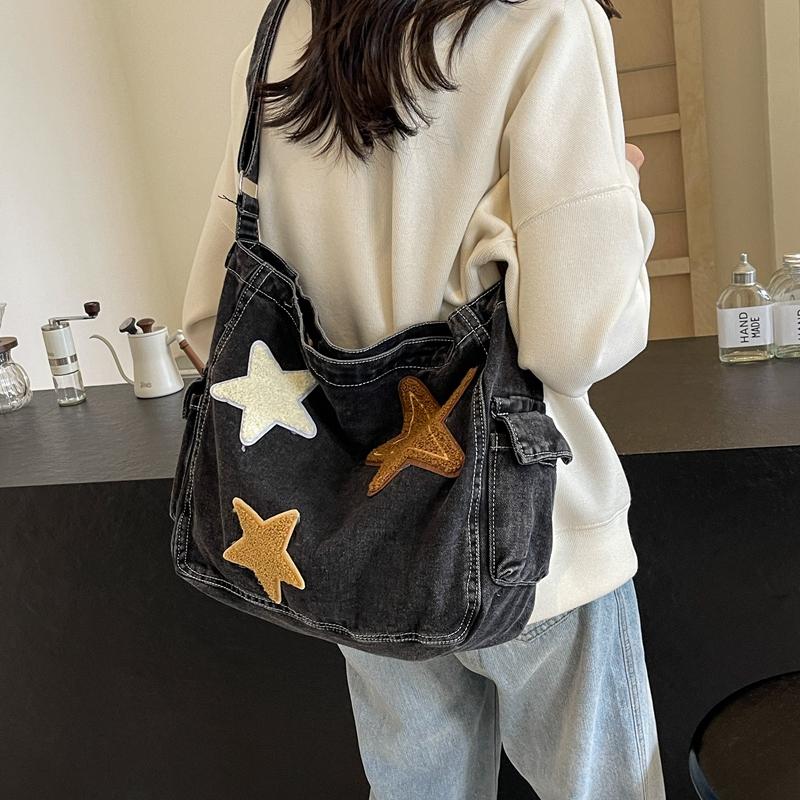 Kuluosidi Grote capaciteit denim tas dames schoudertas commuter tas sterren print crossbody tas donkerblauwe kleur