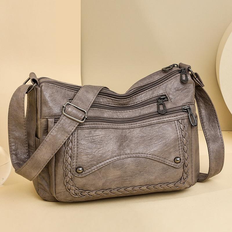 Kuluosidi Dames Crossbody Tas Middelbare Leeftijd Zacht Leer Grote Capaciteit Effen Kleur Multi-Pocket Schoudertas kaki