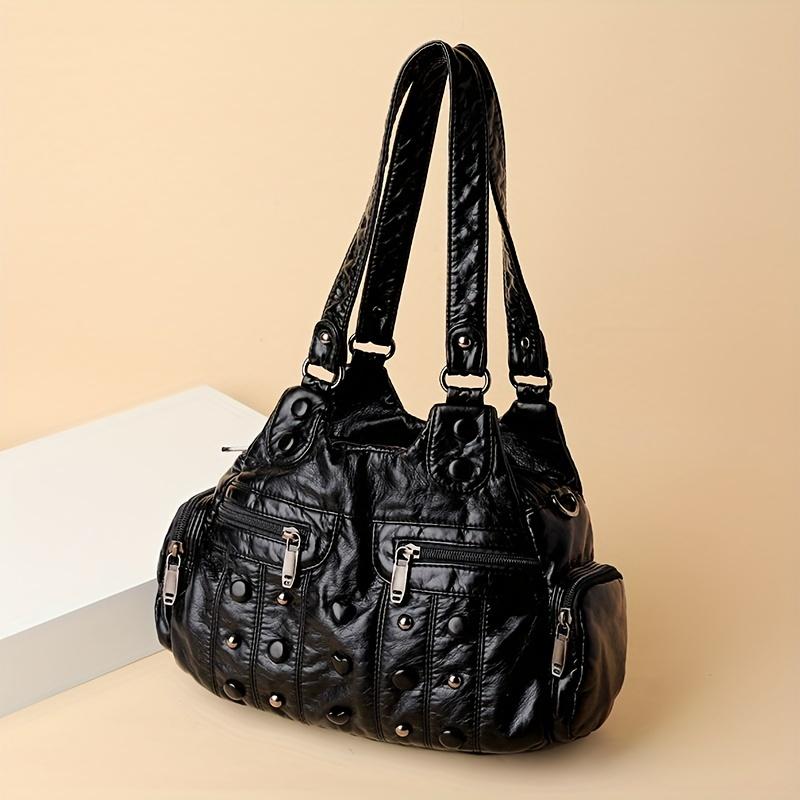 Your favorite bag Y2K Studded Decor Schoudertas, Vintage Kunstleren Handtas, Grote Capaciteit Crossbody Tas voor Dames zwart