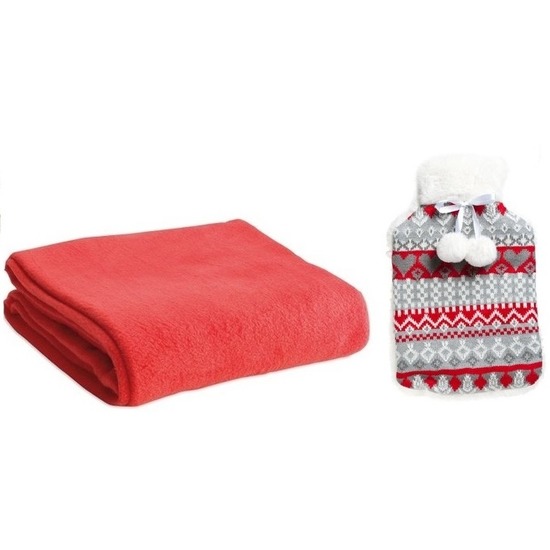 Merkloos Warm winter pakket rode kruik met fleece deken -