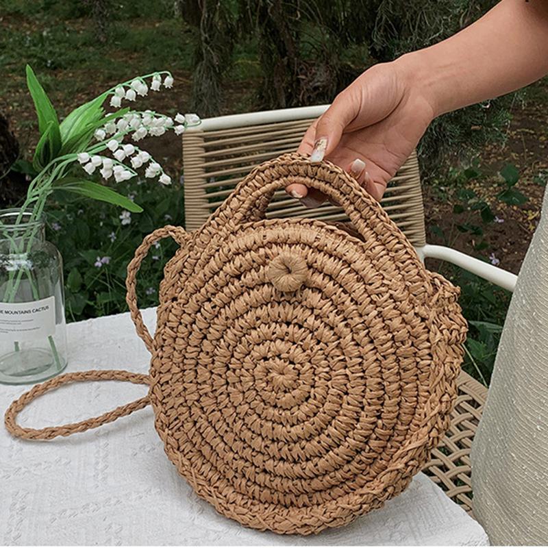YOUHUAGUO Casual Stro Schoudertassen Kleine Ronde Crossbody Handtas Strand Reis Handtassen Tote 25*5*25cm beige