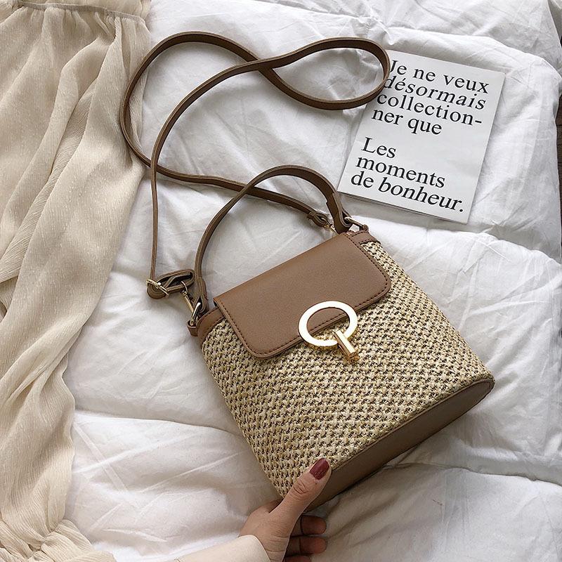 YOUHUAGUO Casual kettingen stro emmer tassen vrouwen zomer messenger bag rotan tassen strand dame reizen portemonnees en handtassen schoudertas 20x12x21cm zwart