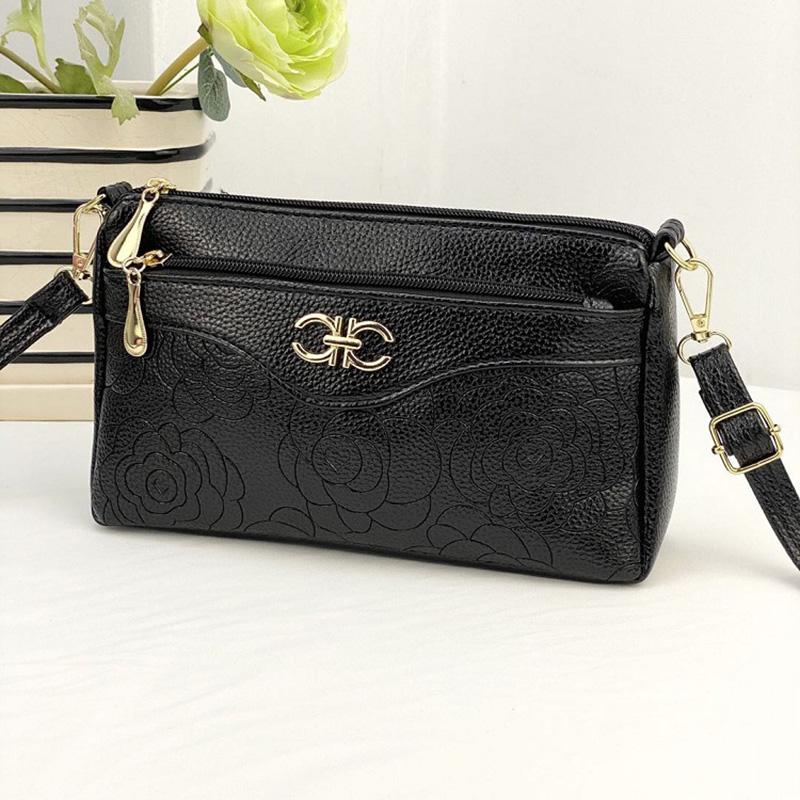 AMONCHY Klassieke bloem reliëf dames schoudertassen Uitstekende PU lederen kleine handtas portemonnee merkstijl vrouwelijke crossbody tas zwart